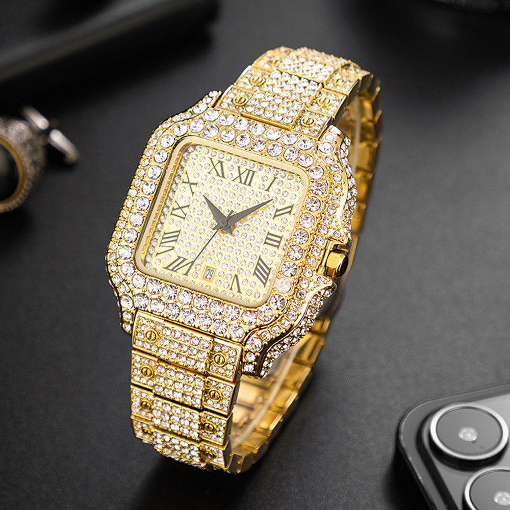 "Straight European Hip Hop Diamond Quartz Wrist Watch"