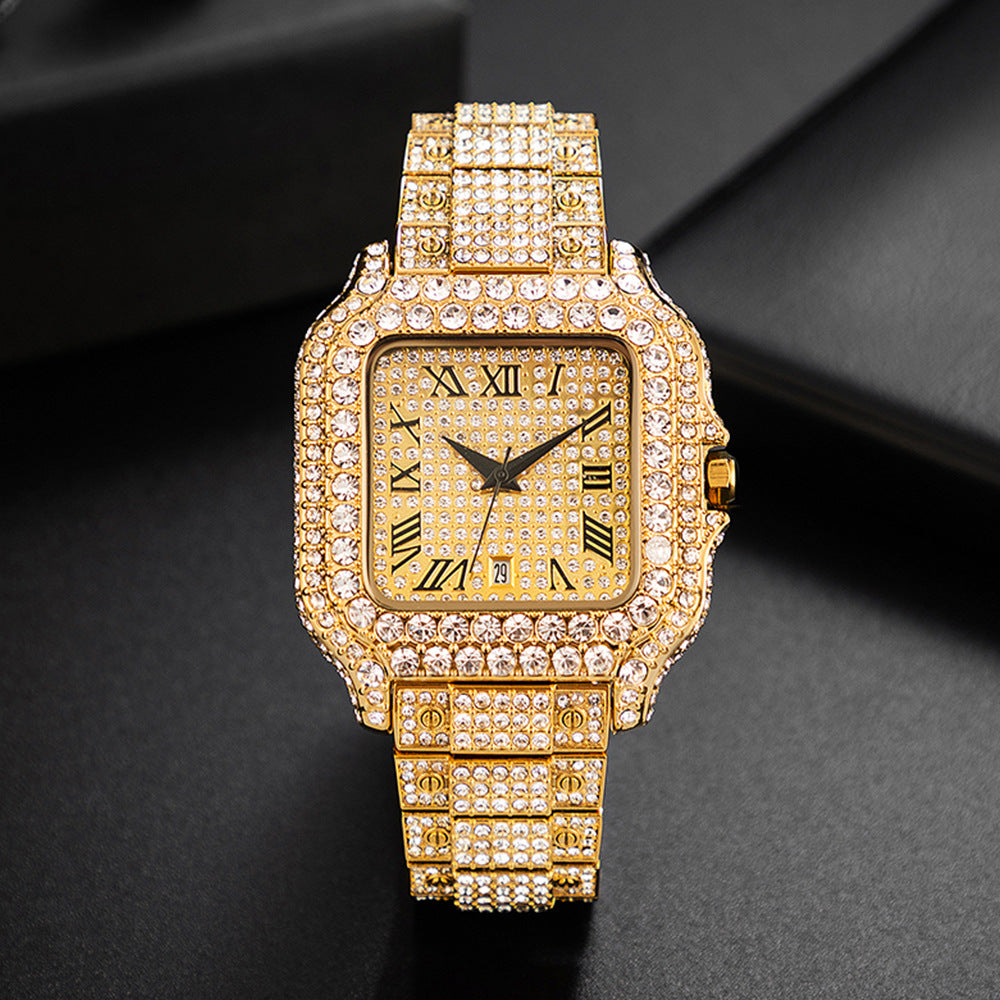"Straight European Hip Hop Diamond Quartz Wrist Watch"