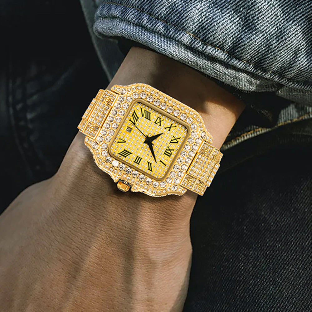 "Straight European Hip Hop Diamond Quartz Wrist Watch"