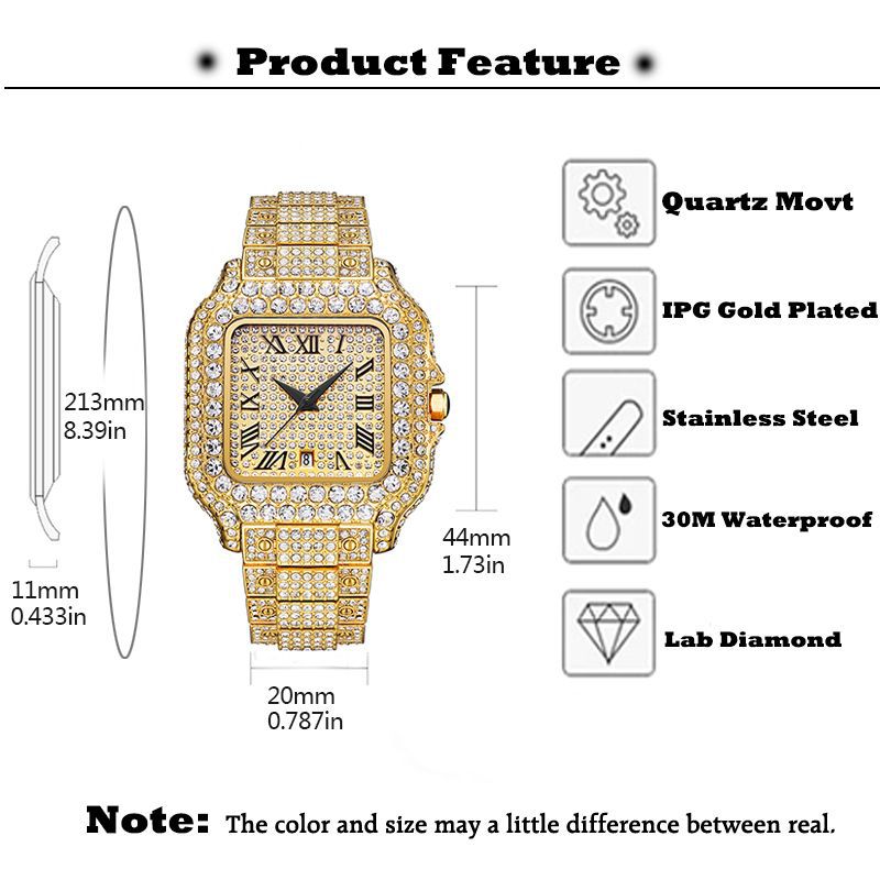 "Straight European Hip Hop Diamond Quartz Wrist Watch"