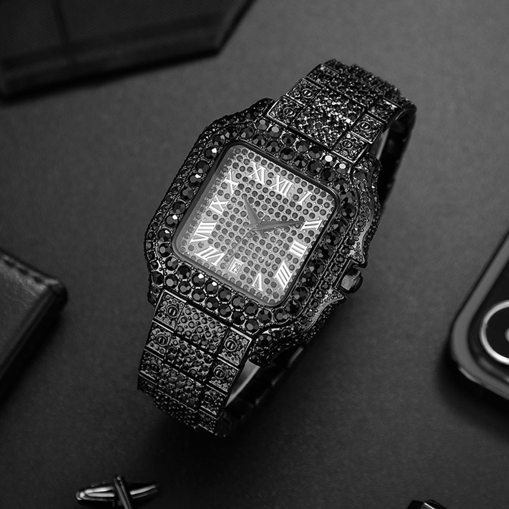 "Straight European Hip Hop Diamond Quartz Wrist Watch"