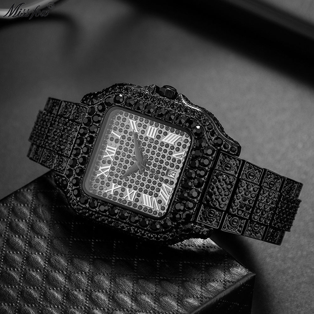"Straight European Hip Hop Diamond Quartz Wrist Watch"